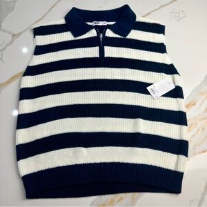 SO Women's Navy and White Striped Zip-Up Sweater